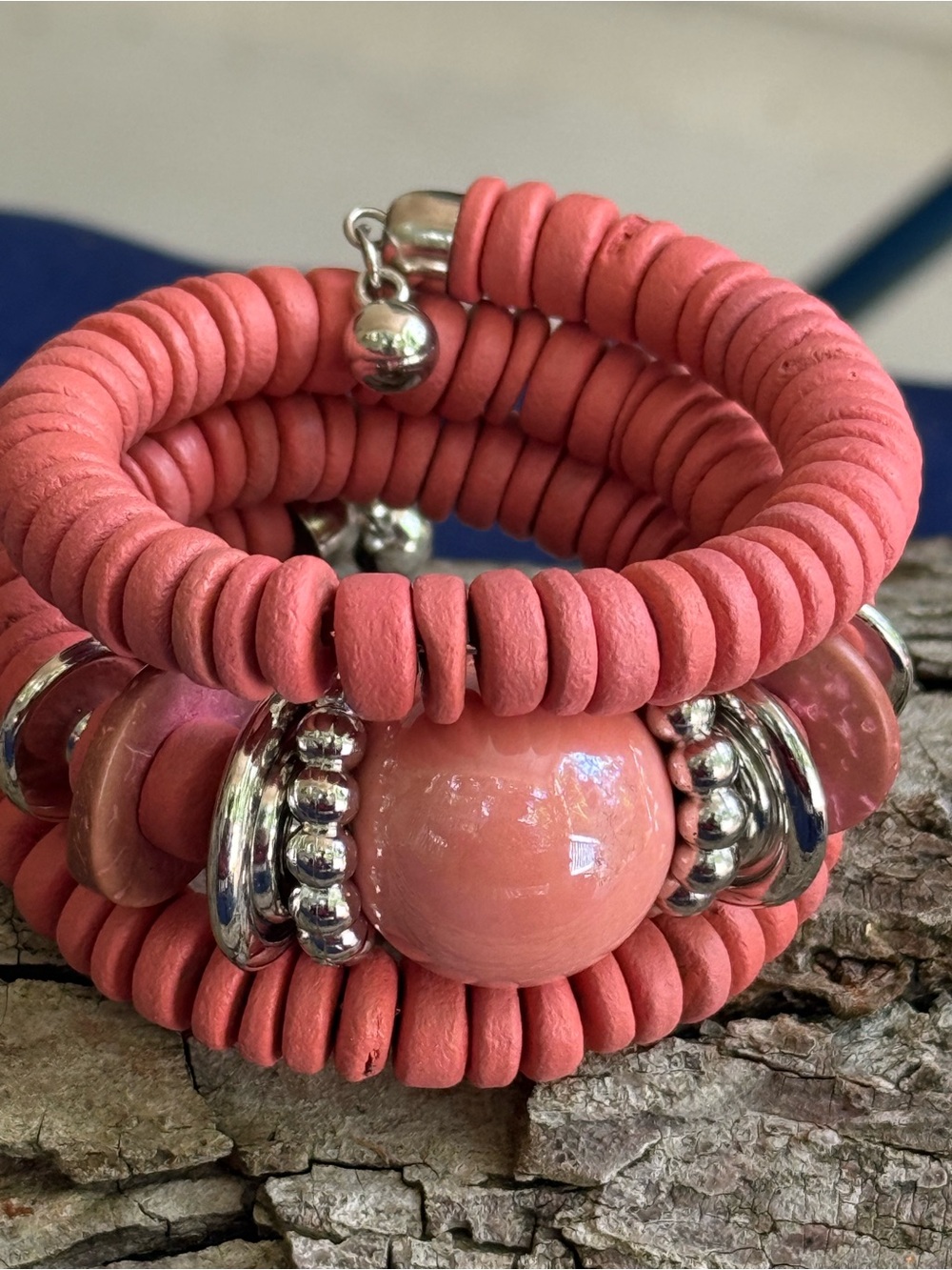 Coral Pink Beaded Coil Bracelet with Silver Accents